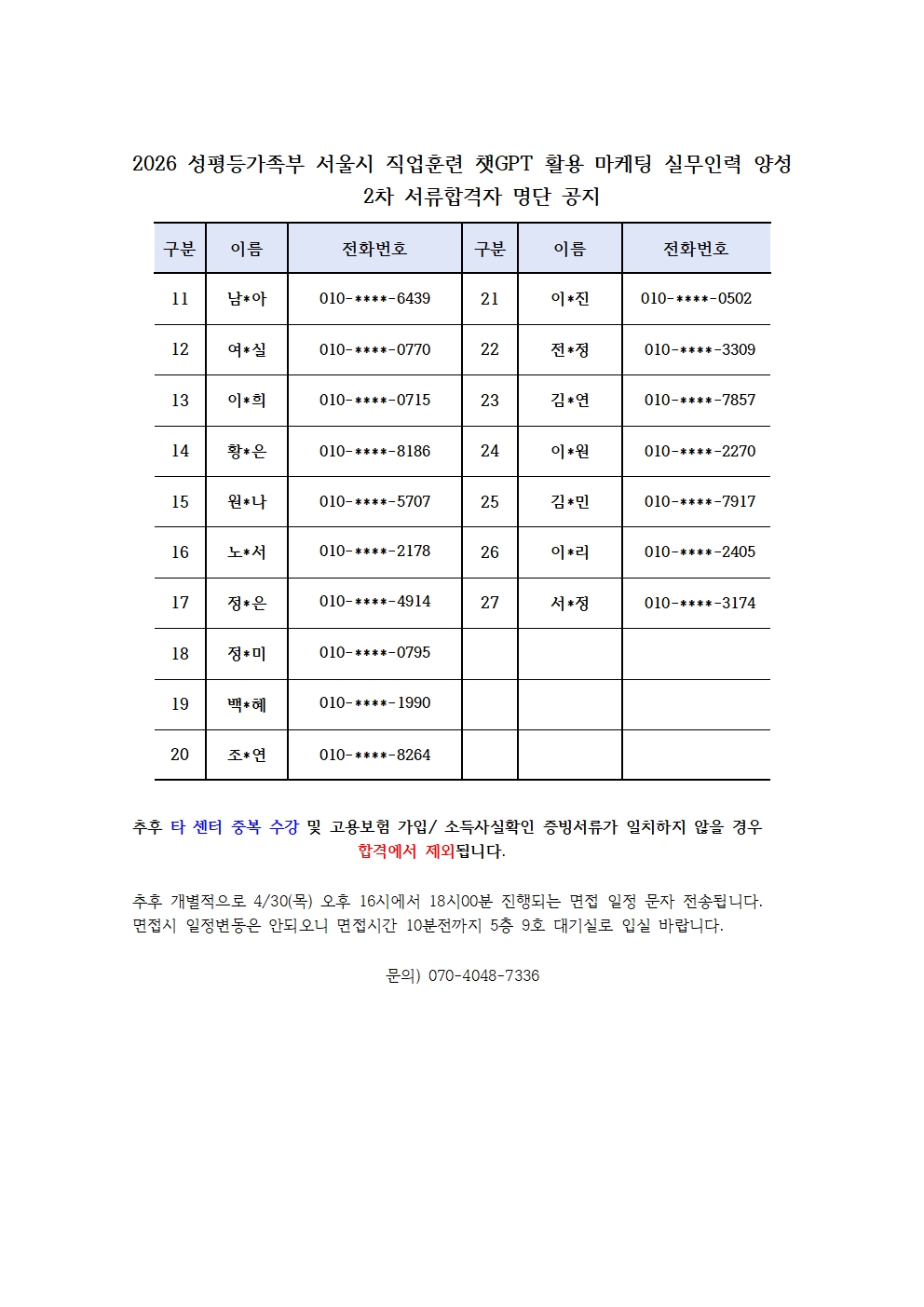 서류2차합격자 명단 공지001